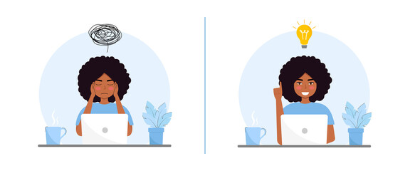 Black woman thinking and finding solution vector flat Illustration. Problem solving, solution finding concept. Cartoon character.