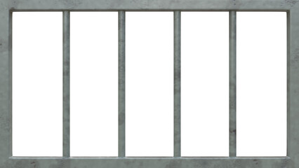 Gitterstäbe Gefängnis (Zelle), freigestellt auf weissem Hintergrund, Metall, Bemalung beschädigt mit Rost (Rostspuren, Rostschäden) - obrazy, fototapety, plakaty