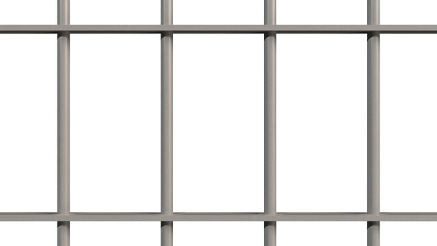 Gitterstäbe Gefängnis (Zelle), freigestellt auf weissem Hintergrund, Metall Stahl, matt glänzend, sauber