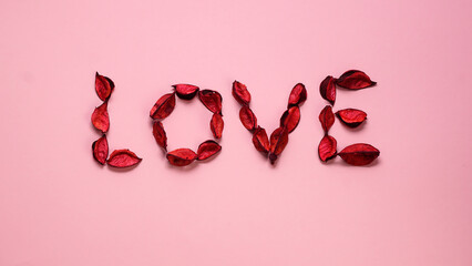 Word love made of red petals on pink background. Flat lay, top view. Minimal backdrop.