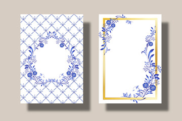 Cards with blue floral pattern and elements for the design of greetings, invitations or book covers. Style of cobalt painting on porcelain. Ornamental background.