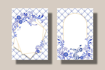 Cards with blue floral frames and pattern for the design of congratulatory, invitations or book covers. Style of cobalt painting on porcelain. Ornamental background.