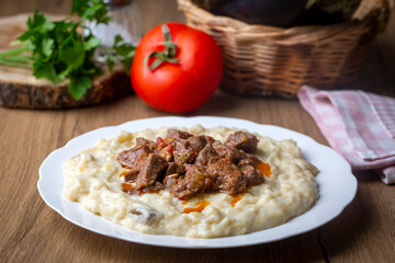 Turkish Food Hunkar Begendi made with Eggplant and Meat.
