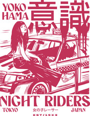 Japanese slogan with manga face Translation: "Girl racer, Consciousness " Vector design for t-shirt graphics, banner, fashion prints, slogan tees, stickers, flyer, posters and other creative uses