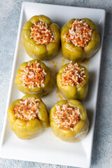 Traditional delicious Turkish food; stuffed bell peppers with meat (Turkish name; Etli biber dolmasi)