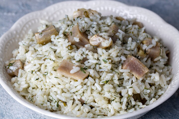 Traditional delicious Turkish foods; Artichoke rice (Turkish name; Enginarli pirinc pilavi)