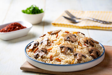 Mushroom rice pilaf, Turkish name; Mantarli pirinc pilavi