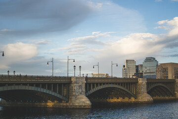 View of historic Longfellow Bridge over Charles River, connecting Boston's Beacon Hill with...