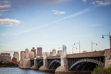 View of historic Longfellow Bridge over Charles River, connecting Boston's Beacon Hill with Cambridge, Massachusetts