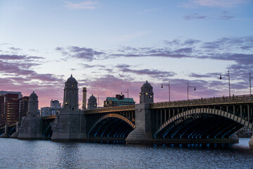 View of historic Longfellow Bridge over Charles River, connecting Boston's Beacon Hill with...