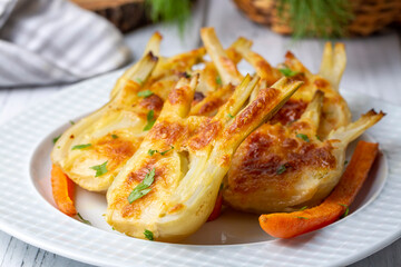 Roasted Fennel with Cheese. Sliced fennel oven roasted in olive oil.