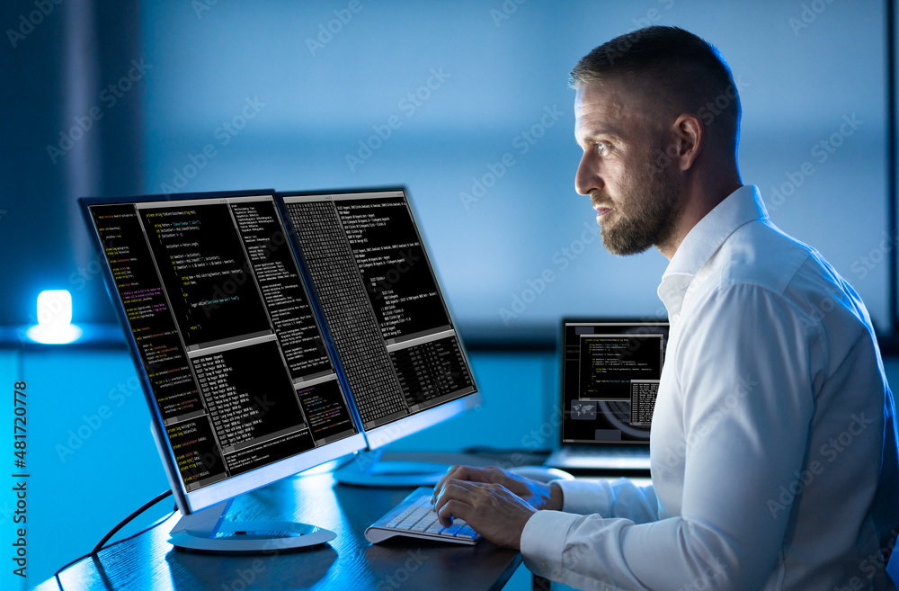 Fototapete Computer Programmer Writing Program Code On Computer