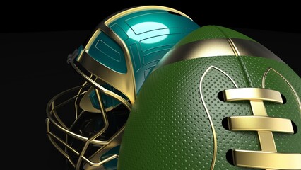 Naklejka premium American football Green-Blown helmet and Gold-Green Ball under black laser lighting. 3D illustration. 3D CG. 3D high quality rendering.
