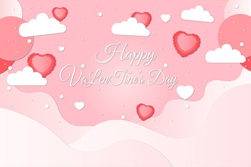 Valentine's Day greeting card for all lovers in pink with hearts and clouds