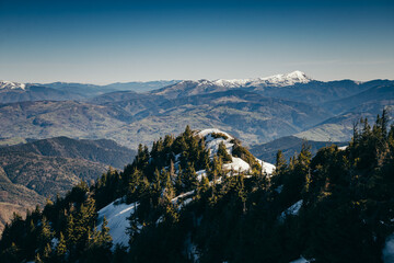 Winter mountains remnants of snow, spring, coniferous forest