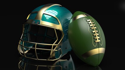 Naklejka premium American football Green-Blown helmet and Gold-Green Ball under black laser lighting. 3D illustration. 3D CG. 3D high quality rendering.