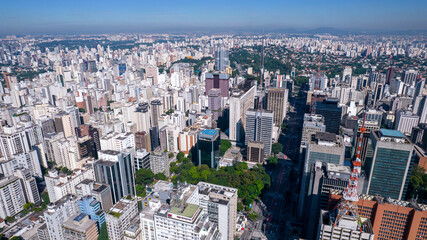 Aerial view of Av. Paulista in São Paulo, SP. Main avenue of the capital. With many radio antennas, commercial and residential buildings. Aerial view of the great city of São Paulo.