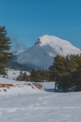 A picturesque vertical landscape view of the French Alps mountains on a cold winter day (La Joue du Loup, Devoluy)