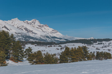 A picturesque landscape view of the French Alps mountains on a cold winter day (La Joue du Loup, Devoluy)