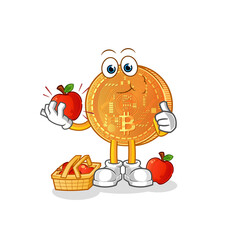 bitcoin eating an apple illustration. character vector