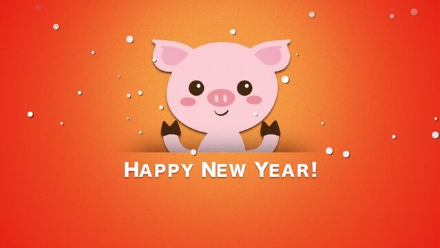 Happy New Year with pink pig on orange background, motion holidays and winter style background for New Year and Merry Christmas