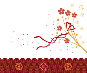 Spring background in oriental style. Cherry blossom branch with red ribbon above waves. Spring festival greeting card.