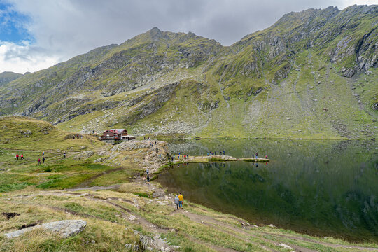Balea chalet and Balea glacier lake near the Transfagarasan road, panoramic view. Romania