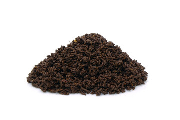 Vermicompost isolated on white background. Vermi-compost is the product of the decomposition process using various species of worms, usually red wigglers, white worms, earthworms. Organic fertilizer