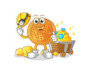 bitcoin miner with gold character. cartoon mascot vector