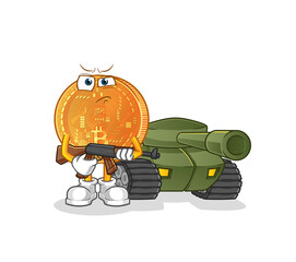 bitcoin soldier with tank character. cartoon mascot vector