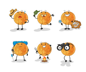 bitcoin adventure group character. cartoon mascot vector