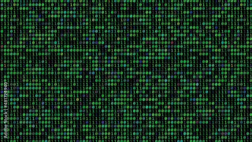 Wall mural blue green binary code on computer screen - data flow animation - black background