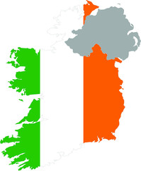 Map of Ireland with the national flag within the gray map of the Irish island