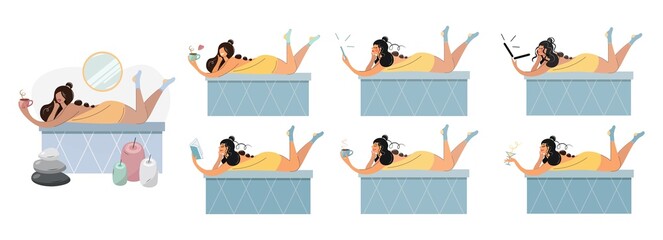 Vector set with a female character. Spa procedures in the bath or sauna. Work and leisure bodypositive girl. Woman with computer, phone, reading a book, cup of coffee, glass of wine Cartoon flat style