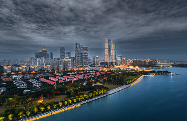 Fototapeta premium Night view of CBD in Suzhou Industrial Park, Jiangsu Province
