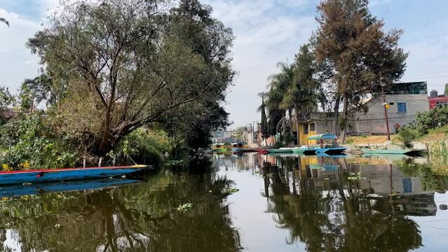 shot of abandoned houses and island in Xochimilco