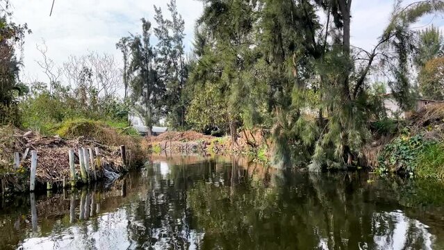 shot of quiet canal of Xochimilco in mexico