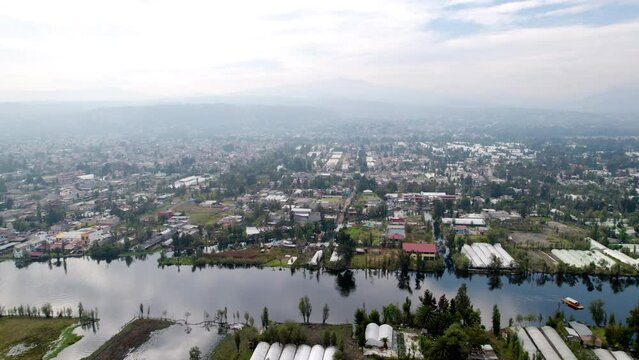 aerial shot fron Chinampas in Xochimilco channel