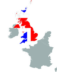 Fototapeta premium Map of United Kingdom with national flag within the gray map of Western Europe