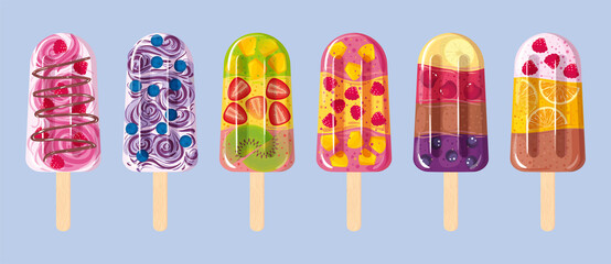 Set of popsicles with exotic and garden berries, yogurt, chocolate ice cream. Homemade delicious yummy ice cream from various fruits mixed. Summer refreshment, healthy frozen snack. Icon, simbol, sign