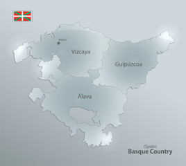 Basque Country map and flag, administrative division, separates provinces and names individual region, design glass card 3D vector