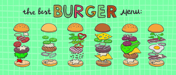 Burger ingredient. Hamburger and cheeseburger ingredient big vector set. Sliced veggies, bun, cutlet, fried egg, lettuce, bacon, cheese, sauce illustration. Fastfood cooking and burger preparation