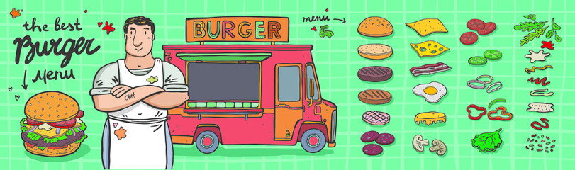 Cheerful character cook. Hand drawn food truck. Big set of burger ingredients.