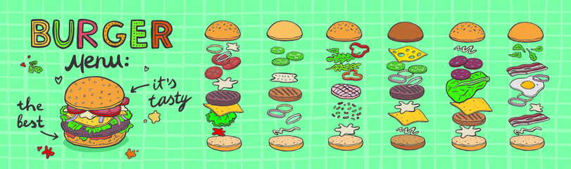 Burger ingredient. Hamburger and cheeseburger ingredient big vector set. Sliced veggies, bun, cutlet, fried egg, lettuce, bacon, cheese, sauce illustration. Fast food cooking and burger preparation