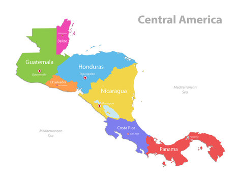 Central America map, separate individual states with state names, color map isolated on white background vector