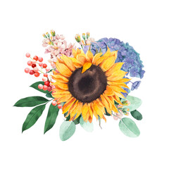 Watercolor floral bouquet with sunflowers. Isolated hand drawn illustration. Elegant summer flowers arrangement.