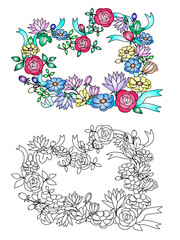 塗り絵もできるラインアートとフルカラーのハート型フラワーフレームパースイラスト