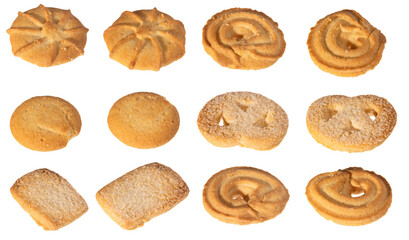 Assorted various forms of danish crumbly cookies isolated on white. Shooting angle 45 degrees, harsh light from the left. 