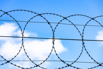 Razor barbed wire against blue sky
