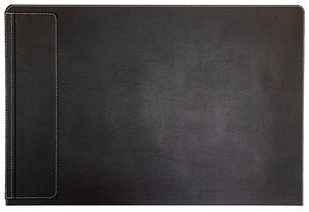 A black leather desk pad offers a smooth and elegant surface background for working and protects a desk from dirt and scratches.